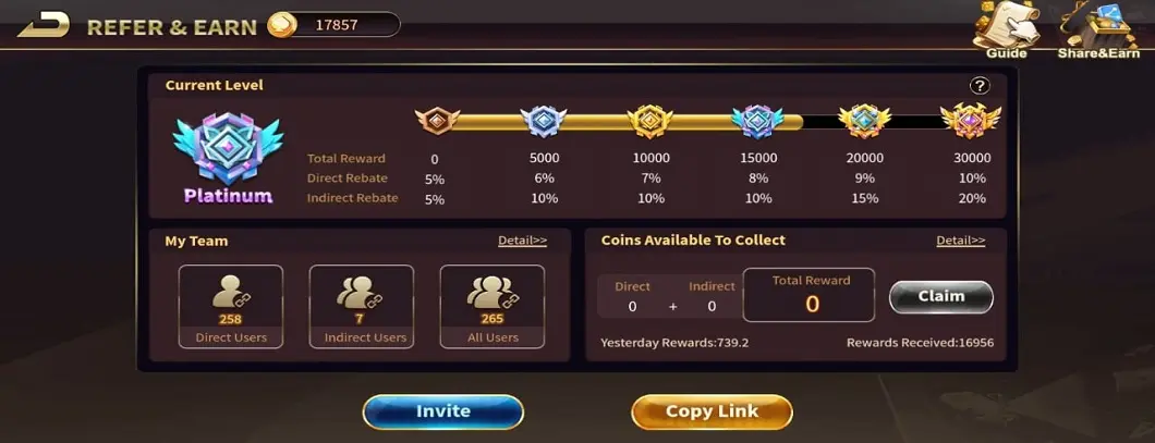 Share and Earn interface showing invite rewards and Refer and Earn progression system